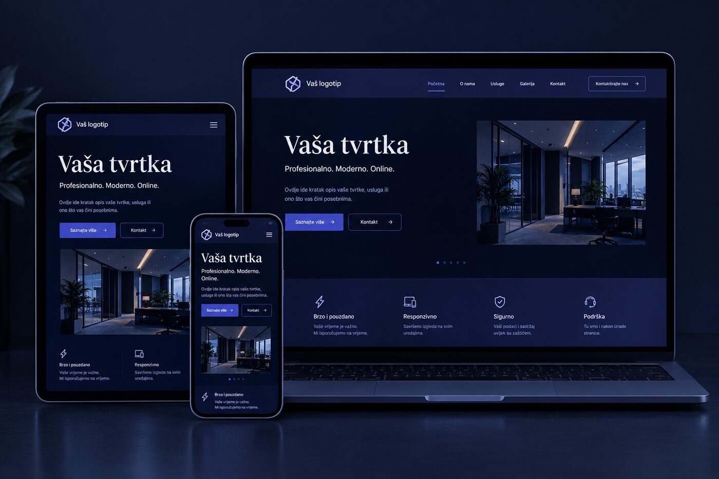 Responsive website design shown on laptop, tablet and phone